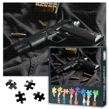 Imagem de Quebra-cabeça de 1000 peças para adultos, arte de pistola e balas, ilustração detalhada de armas de fogo, jogo de quebra-cabeça desafiador para decoração de parede de escritório em casa 70 x 40 cm