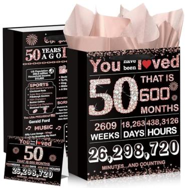 Imagem de Bolsa de presente de aniversário de 50 anos para mulheres, ouro preto e rosa, bolsa de presente de 50 anos com cartão e papel de seda, vintage, feliz aniversário de 50 anos, decoração de aniversário