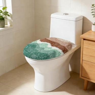 Imagem de FYSUIMU Tampa de vaso sanitário onda oceano capa de assento de vaso sanitário onda do mar com suporte de borracha ajustável para a maioria das tampas decoração de banheiro praia verão