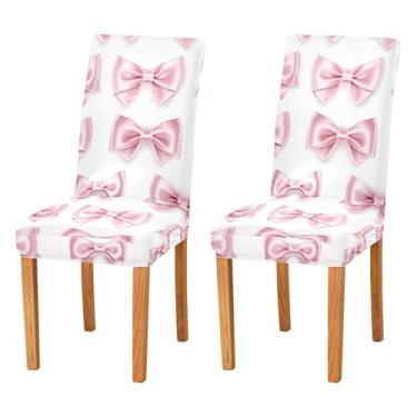 Imagem de SEHANY Conjunto de 4 capas de cadeira com laço de bolinhas rosa para sala de jantar, elástico, removível e lavável, para cozinha, hotel, festa, Natal