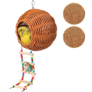 Imagem de Geelin Ninho de pássaro de vime à prova de mastigação com escada de escalada colorida, rede lavável para cama de pássaros pequenos, esconderijo, ovos de periquito para dormir, cama quente para