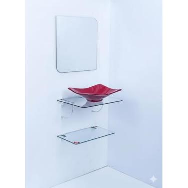Imagem de Kit Cuba Espelho e Prateleira de Vidro para Banheiro 53cm (Vermelho)