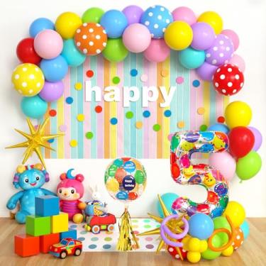 Imagem de SNLN Decorações de 5º aniversário arco-íris para meninos e meninas, enorme colorido número 5 e 4D feliz aniversário e estrela explosiva balões borlas arco-íris arco kit para decoração de aniversário