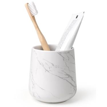 Imagem de BosilunLife Suporte de escova de dentes de banheiro - Suporte de copo de escova de dentes de cerâmica 368 g Suporte de escova de dentes de mármore para escova de dentes de banheiro e suporte de pasta