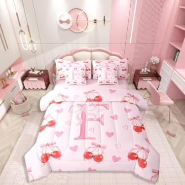 Imagem de Conjunto de cama Queen com letra F com monograma de laço kawaii, 7 peças, estilo princesa, inclui edredom, conjunto de lençol, fronhas e fronhas, decoração de quarto de coração fofo para amantes de