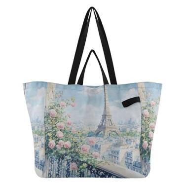 Imagem de SEHANY Sacola de compras reutilizável da Torre Eiffel de Paris com alças reforçadas, bolsa de compras de lona dobrável à prova d'água de grande capacidade para viagem, cozinha, praia
