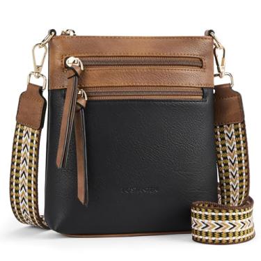 Imagem de BOSTANTEN Bolsas transversais femininas modernas de couro vegano, bolsas de ombro com alça ajustável e bolso com zíper, Preto com marrom, Small, Bolsas transversais femininas