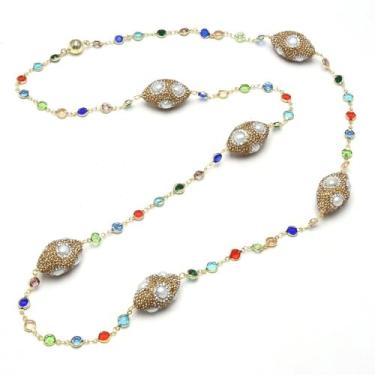 Imagem de SQGGMOAUSC Colar longo de 99 cm com pérolas brancas de cristal pavimentado, corrente colorida banhada a ouro para mulheres