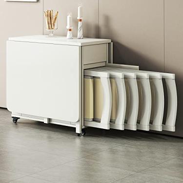 Imagem de ZXLPHA Conjunto de mesa de jantar dobrável extensível, mesa de cozinha móvel multifuncional com 1 gaveta de armazenamento e 6 cadeiras, mesa de jantar com folhas suspensas que economiza espaço, para