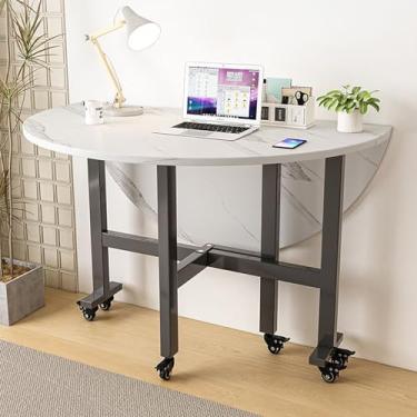 Imagem de ZXLPHA Mesa de jantar redonda dobrável, mesa de jantar portátil com economia de espaço, 6 rodas móveis com freio, mesa multifuncional para cozinha, escritório, sala de estar, festa no pátio