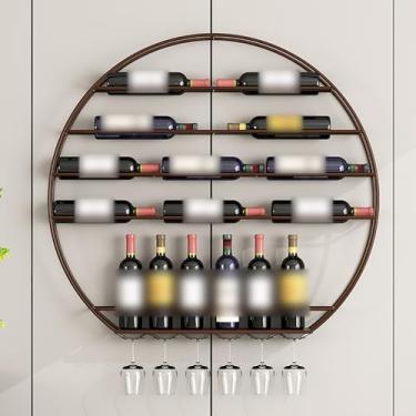 Imagem de Suporte de exibição de ferro, suporte de vinho, prateleira de exibição de garrafa de licor, suporta prateleiras de armazenamento, copos de vinho, suporte de pendurar de parede redonda para decoração