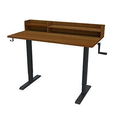 Imagem de Mesa de escritório ajustável em altura manual com estante, manivela, suporte para sentar, mesa de escritório em casa, mesa de computador, estação de trabalho (marrom)