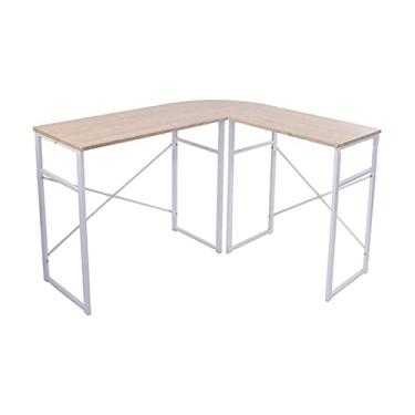 Imagem de Mesa de computador em forma de L escritório PC laptop mesa de estudo mesa de trabalho mesa elegante moldura de metal durável moderna minimalista mesa de escrita, mesa de jogos, fácil de montar mesas