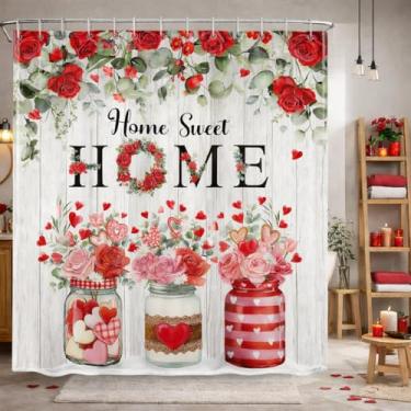 Imagem de YRWSU Cortina de chuveiro para o dia dos namorados, casa doce lar rosa vermelha coração pedreiro padrão rústico tecido impermeável decoração amor, 182 x 182 cm