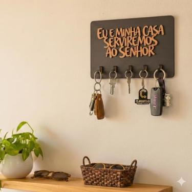 Imagem de Porta Chaves Evangélico de Parede em MDF com Versículo Bíblico, 5 ganchos, 24x16cm, Instalação com Fita Dupla Face