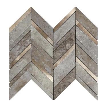 Imagem de Azulejos de espinha de peixe descascar e colar, pedra sintética dourada de metal misto marrom na parte de trás, azulejo autoadesivo para cozinha e lavanderia (6 folhas, 25,5 cm x 30 cm)