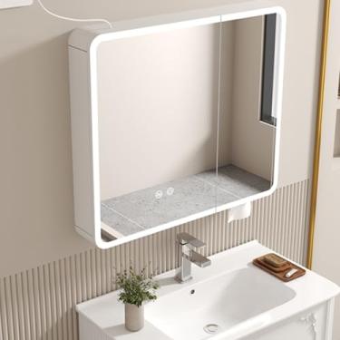 Imagem de Armário de armazenamento de banheiro moderno montado na parede com espelho LED antiembaçamento, iluminação regulável, armário de alumínio para penteadeira, rack de beleza e orifício de papel, elegante