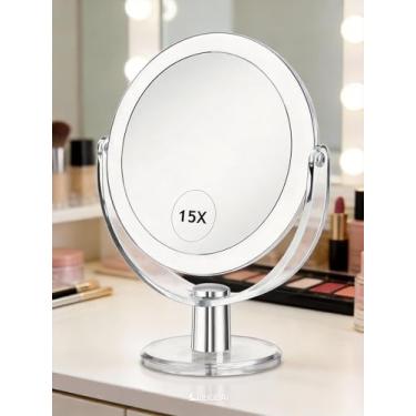 Imagem de Espelho de maquiagem com suporte, ampliação de 1 x 15 x, rotação dupla face de 360 graus, espelho de aumento portátil de mesa para bancada, espelho de barbear de banheiro de mesa, 16,25 polegadas