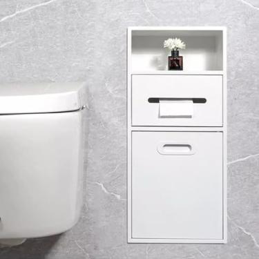 Imagem de Nicho de chuveiro embutido de aço inoxidável e suporte de papel higiênico, rack de armazenamento de parede com balde de lixo, prateleira embutida para organização de banheiro (branco, 30 x 66 x 14 cm)