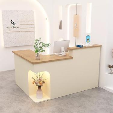 Imagem de Mesa de balcão de recepção moderna, mesa de balcão de recepção em forma de L com gavetas e prateleiras de armazenamento, recepção de madeira para recepção, balcão de varejo para salão de beleza e