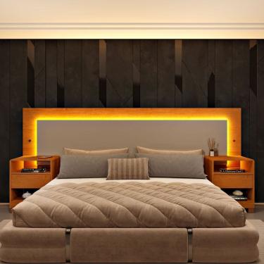 Imagem de Cabeceira Box Casal Queen 100% Mdf com Led e 2 Gavetas 268cm X 72cm Organica Luna Cinamomo/Off White