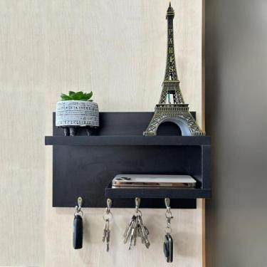 Imagem de PortaChaves de Parede com Prateleira em MDF Preto  Design Moderno, Fun