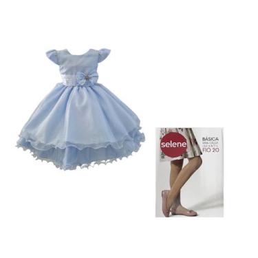 Imagem de Vestido Glitter Azul Ceú Infantil + Meia Calça Selene Branco - JL Kids