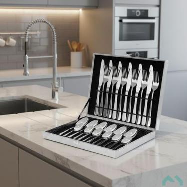 Imagem de Jogo de Talheres Prata 24 peças com Maleta de Transporte em MDF - Mm H