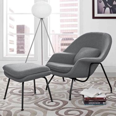 Imagem de Poltrona Womb Chair com Puff Base Preta Linho Cinza