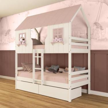 Imagem de Beliche Casinha Encantada Com 02 Gavetas Madeira Maciça Branco/ Rosa M