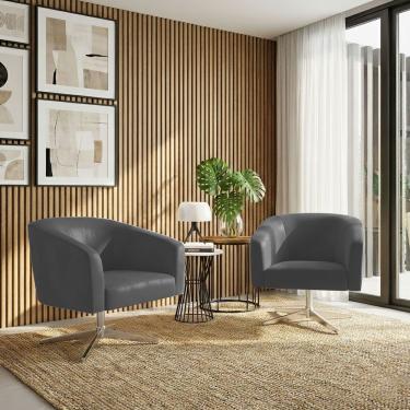 Imagem de Poltrona Sala Decorativa Kit 2 Stella Giratória Corino Grafite D'Rossi