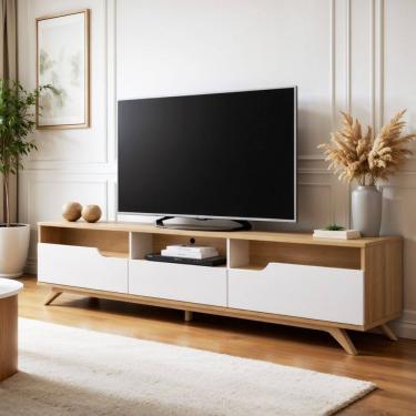 Imagem de Rack para Tv de até 70 Polegadas Pés em Madeira Maciça Diplomata Cinamomo/Off White