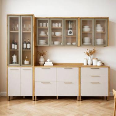 Imagem de Cozinha Completa Modulada 5 Peças com Vidro Reflecta 10 Portas 6 Gavetas Nobre Cinamomo/Off White