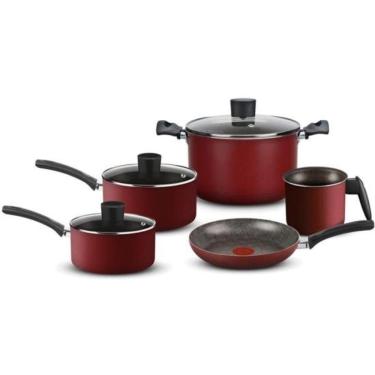 Imagem de Jogo de Panelas Facilita 5 Peças com Caçarola, Frigideira, Fervedor em Alumínio Antiaderente 12CM a 20CM Vermelho