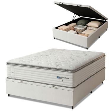 Imagem de Cama Box Baú Casal Colchão Molas Guarda Costas Max Com Pillow 138x188x81cm Branco/Cinza