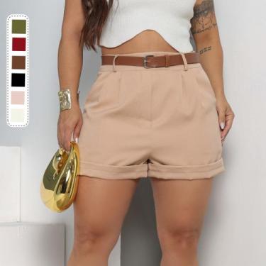 Imagem de Shorts Feminino Com Pregas Cintura Alta Com Cinto Nude Bege Claro - Be