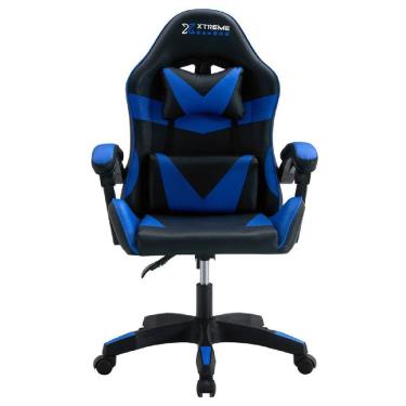 Imagem de Cadeira Gamer Cinesis Conthey com Almofada Cervical e Lombar Revestimento em Couro Sintético Preto-azul