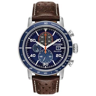 Imagem de Citizen Relógio cronógrafo masculino Eco-Drive Weekender Brycen em aço inoxidável, pulseira de couro marrom, mostrador azul (modelo: CA0648-09L)