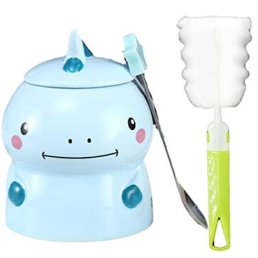 Imagem de Caneca de gato com colher caneca infantil 3D copo de leite de pesca de gato xícara de café de cerâmica para casa (dinossauro sorriso azul, 450 ml)