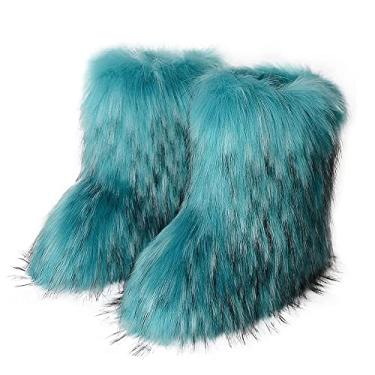 Imagem de TangDao Botas coloridas de pele sintética para mulheres, felpudo, felpudo, bico redondo, camurça, inverno, confortável, pelúcia, quente, curto, botas de neve, botas de cano médio para