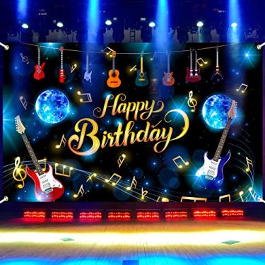 Imagem de Banner de decoração de aniversário com nota musical, nota musical guitarra feliz aniversário pano de fundo rock and roll decorações de festa banner música karaokê temático para meninos meninas adultos aniversário fotografia fundo