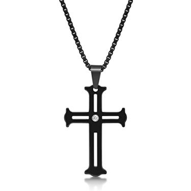 Imagem de Metro Jewelry Colar com pingente de cruz de Tugsten preto para homens com zircônia cúbica branca em aço inoxidável na corrente de caixa com garra de lagosta, pedra preciosa de metal, zircônia cúbica, Pedra preciosa de metal, Zircônia cúbica