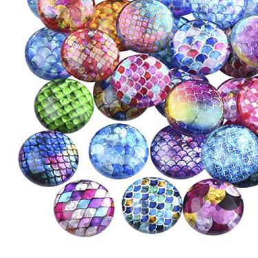 Imagem de PH PandaHall 70 peças 35 estilos escamas de sereia cabochões de vidro plano pele de peixe cabochões cúpula pedras para foto camafeu pingente joia fazer artesanato scrapbook (12 mm)