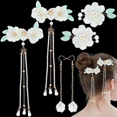 Imagem de 3 pares de flores pérolas presilhas brinco borla pino de cabelo branco vintage flor bico de pato grampos de cabelo Kawaii quimono pérola floral noiva acessórios de cabelo para mulheres