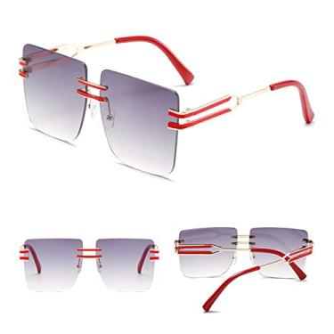 Imagem de Óculos de sol quadrados amarelos vintage femininos de luxo metal sem aro superdimensionados óculos de sol claros uv400 produtos de tendência, vermelho dourado cinza, tamanho único