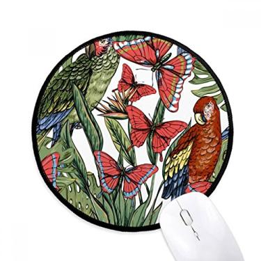 Imagem de Tapete de mouse redondo para computador com estampa de flor e folha de pássaro branco borboleta
