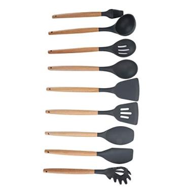 Imagem de Utensílios de cozinha, com cabo de madeira antiaderente, conjunto de utensílios de cozinha de alta temperatura, 9 peças de silicone para cozinhar