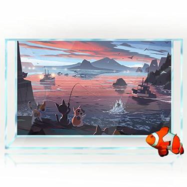 Imagem de Fundo de tanque de peixes 3D desenhos animados gatos costa pesca golfinho navio impressão HD papel de parede de répteis habitat aquário decorações de fundo de pvc pôster adesivo paisagem (11,8 x 17,7 pol (30 x 45 cm))
