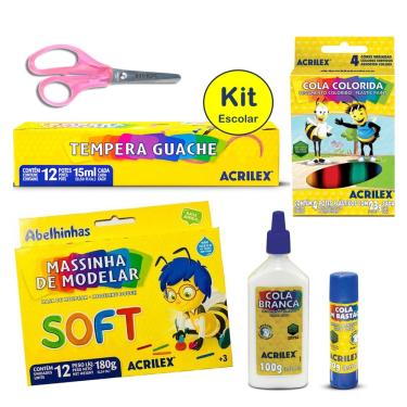 Imagem de Kit Material Escolar Infantil 6 peças Acrilex com Guache Tempera Tesoura Cola Branca e Cola Colorida