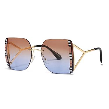 Imagem de Óculos de sol vintage sem aro com estampa listrada quadrada para mulheres Óculos de sol femininos de liga leve com perna triangular, F, tamanho único